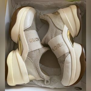 MICHAEL KORS Cream and Brown Knit Slip-On Sneakers with Gold Accent